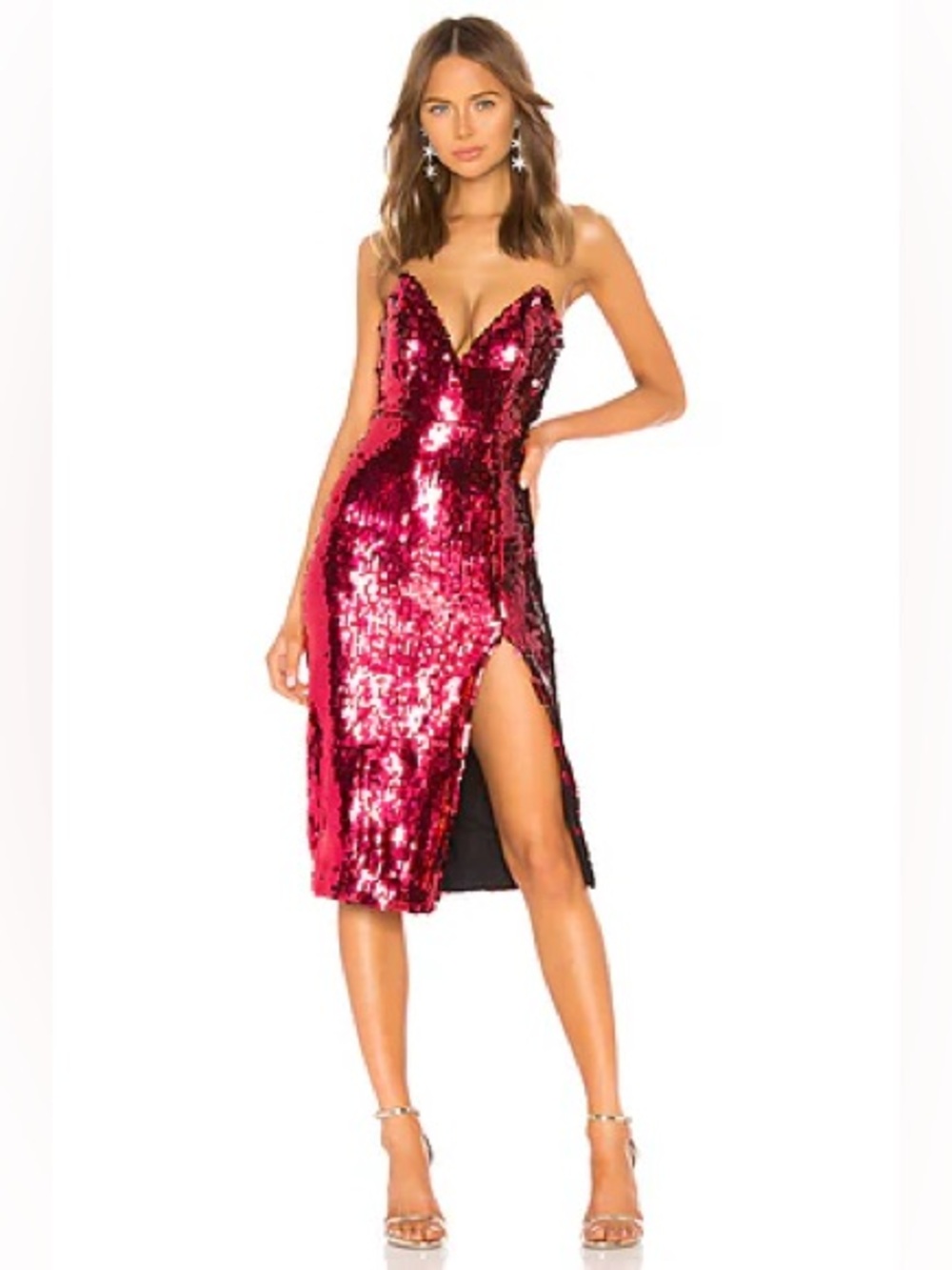 NBD Austin Strapless Sequin Midi Dress in Fuchsia/Red